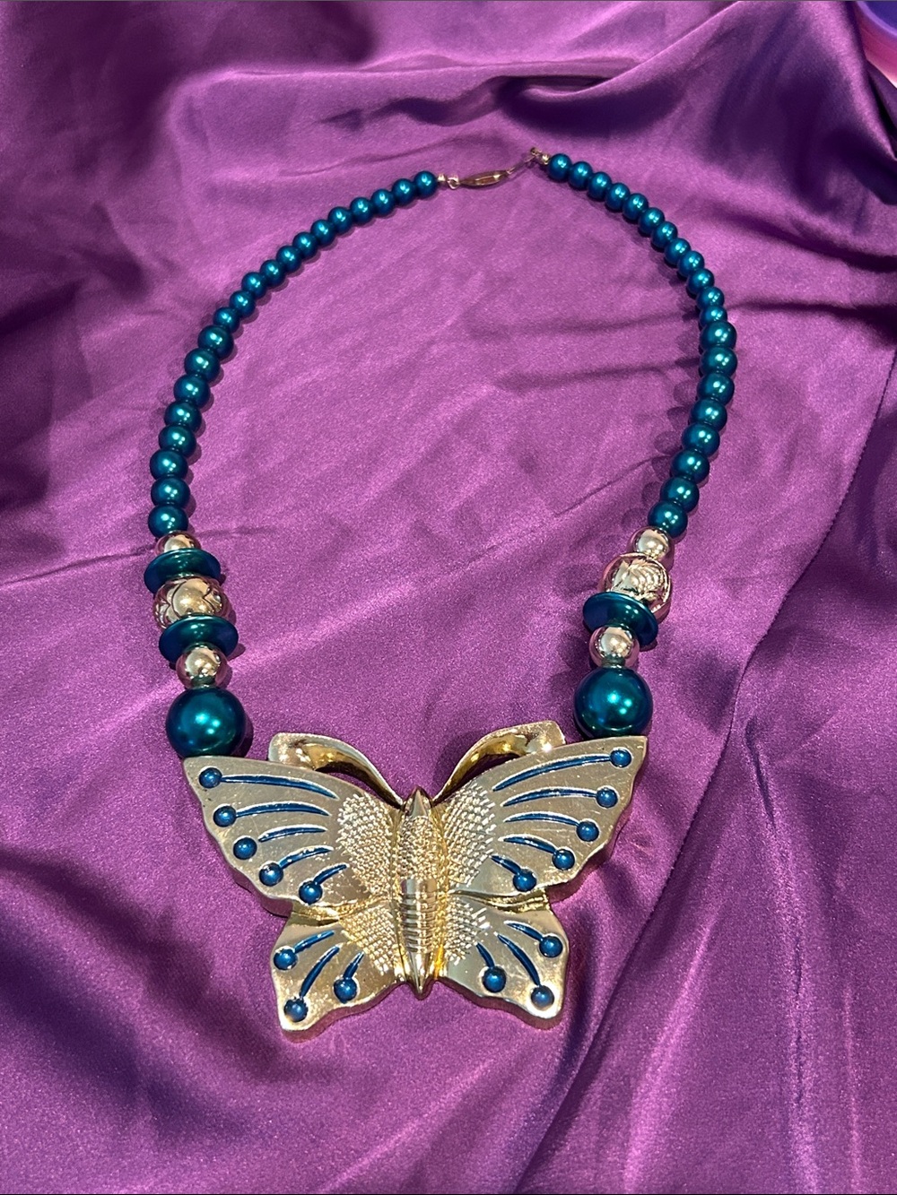 Gold Butterfly Necklace with Teal Beads - Women Jewelry